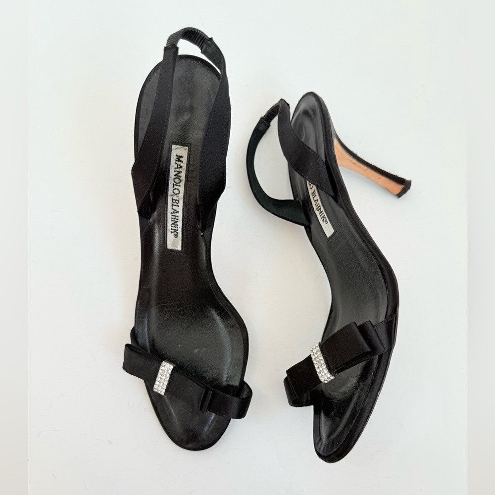 Manolo Blahnik Black Satin Leather Crystal bow embellish Slingback sandals 39.5
